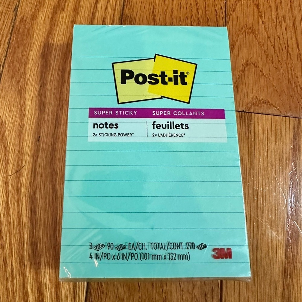 New Post-it Super Sticky Notes 4 x 6 Ruled Lined Aqua 3 Pads Total 270 Sheets